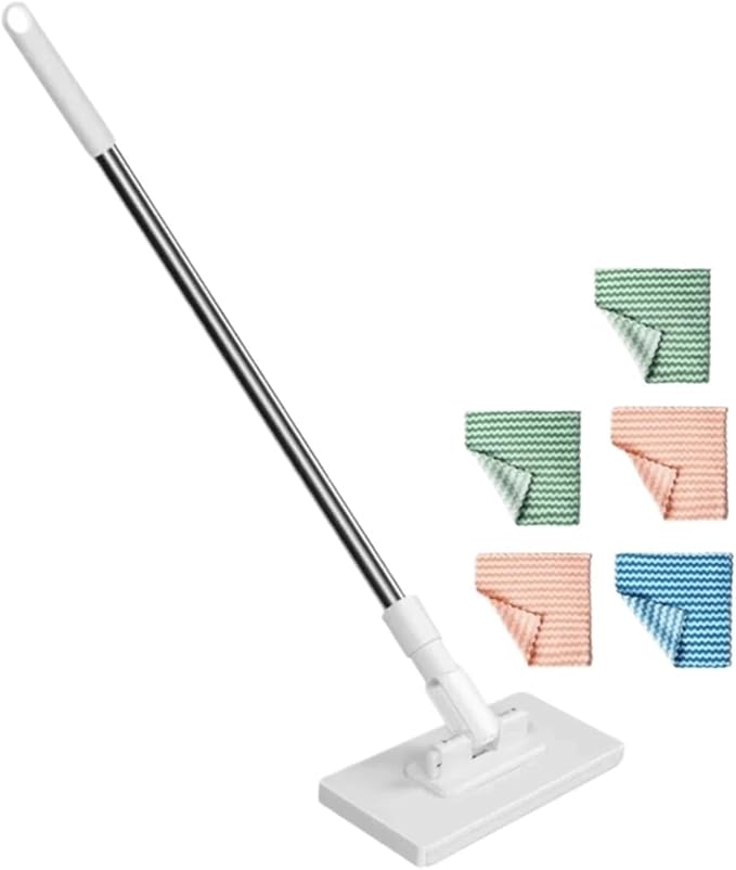 Compatible for with 3 Reusable Cloths Hands-Free Mop 360° Rotating Head Clamping Dust Mops Towel Removal(Mop with 5 Cloths)