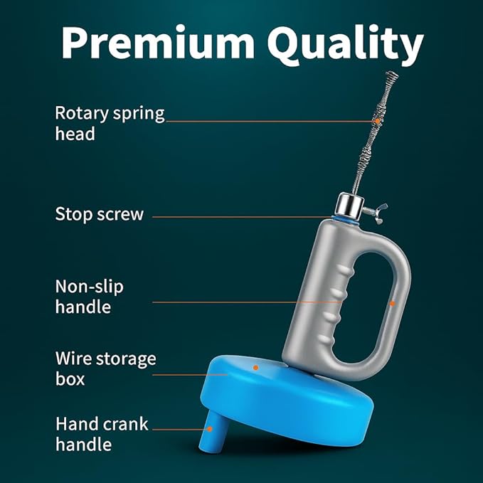 50 FT Drain Snake Hair Drain Clog Remover Manual Or Powered Plumbing Snake With Drill AdapteUnclog Sink Drain Tool Drain Auger for Toilet、Shower、Kitchen、Sink No Auto Retract Or Feed Blue