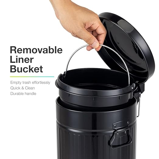 Bathroom Trash Can with Lid Small Waste Basket for Home Bedroom Retro Step Garbage Can with Soft Close Vintage Office Trash Can 5 Liter/ 1.3 Gallon Glossy Black