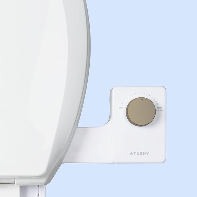 TUSHY Fresh Cool Water Bidet: Ultra Slim Toilet Seat Attachment (Non-Electric Self-Cleaning Hygienic Nozzle) Easy DIY Install &lt10 Min (Adjustable Water Pressure Control) Matte Brass Knob