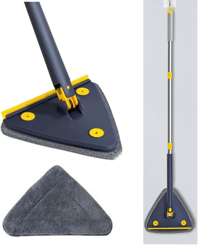 360° Rotatable Adjustable Cleaning MopTriangle Shaped Wall Mop with SqueegeeTelescopicLong Handle Microfiber DustWet and Dry Usefor WallCeilingWindowBaseboard-Blue||1 Cloth