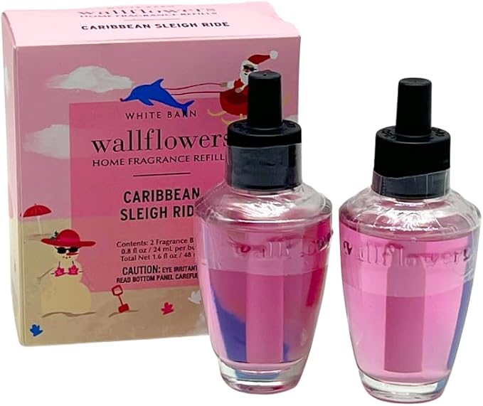 Bath &amp Body Works Wallflowers Refills Christmas Scents 4-Bulb Bundle – Holiday Tropical &amp Coastal Collection 2-Pack Gift Set with a Blue Bow (Caribbean Sleigh Ride + Rockin’ Around The Palm Tr