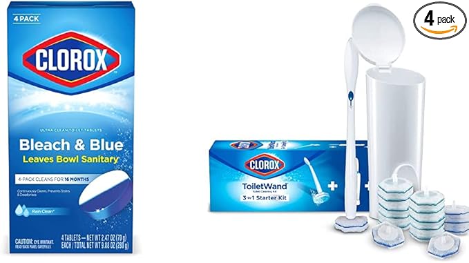 Clorox Ultra Clean Toilet Tablets Bleach &amp Blue Rain Clean Scent (2.27 oz. each 4 Count) ToiletWand Disposable Toilet Cleaning System (ToiletWandStorage Caddy and 16 Refill Heads) Bundle
