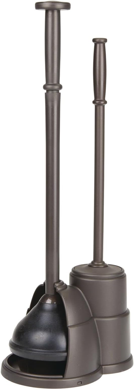 mDesign Plunger and Brush Set for Toilet Bowl - Hidden Modern Toilet Brush and Plunger Set with Caddy - Brush Cleaner and Plunger Combo with Holder for Bathroom - Hyde Collection - Bronze