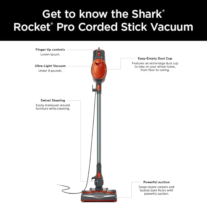 Shark HV302 Rocket Pet Corded Stick Vacuum Lightweight with Swivel Steering for Carpets &amp Hard Floors Converts to Hand Vacuum Includes Crevice Tool Pet Multi-Tool &amp Precision Duster Orang