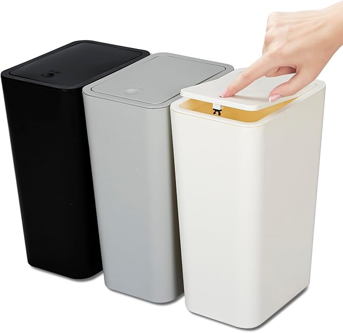 N. NETDOT 3 Pack 10L/2.6 Gal Bathroom Trash Can with Lid Trash Bin with Press Lid Small Trash Can/Slim Garbage Cans/Waste Basket for BathroomKitchenOfficeBedroom - BlackGrayOff White