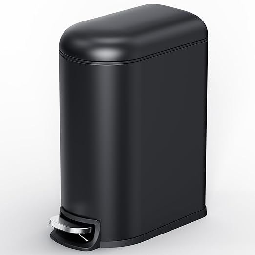 CEROELDA Small Bathroom Trash Can with Lid Soft Close 5L/1.3 Gallon Stainless Steel Slim Garbage Can Metal Waste Basket with Step Pedal for Office Bedroom Toilet Dorm Room (Black 1.3 Gallon)