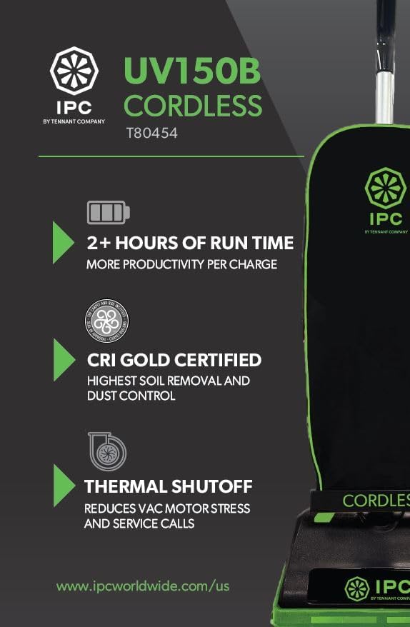 IPC Cordless Upright Vacuum - Lithium-Ion Battery with 2+ Hour Run Time | 12 Cleaning Width | HEPA H-10 Filter | 72 dB Quiet Operation