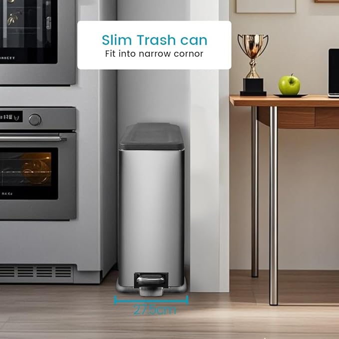 12 Gallon Trash Can with Lid45L Kitchen Garbage CanStainless Steel Trash Can for Narrow Spaces with Soft-Close Lid Inner Bucket and Step-on Pedal
