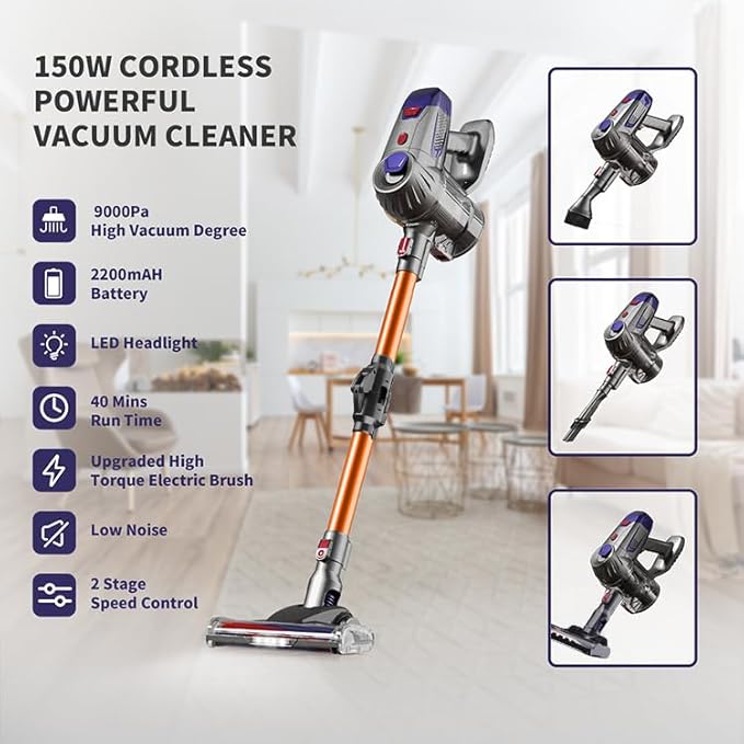 3-in-1 Cordless Stick Vacuum Cleaner | 150AW/9000Pa Suction 40 Min Runtime Lightweight &amp Self-Standing for Floors Carpets Cars (Z7 Gold)