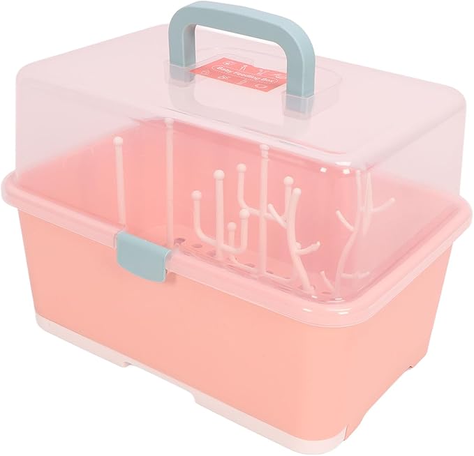 SUNGOOYUE Baby Bottle Drying Rack Portable PP Nursing Bottle Storage Box with Detachable Drain Feeding Bibs for Home Travel Bib (Implicit Pink) SUNGOOYUEpofvukabs8-12