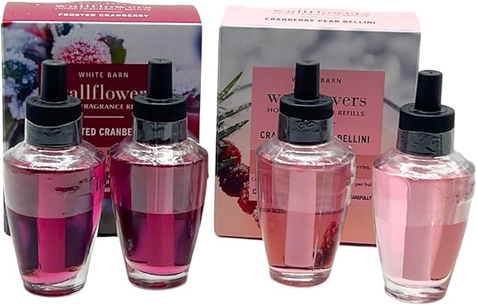 Bath &amp Body Works FROSTED CRANBERRY &amp CRANBERRY PEAR BELLINI Wallflowers Home Fragrance Refill 2pc bundle Gift Set with 30-Inch Red &amp White Candy Cane-Striped Holiday Ribbon Bow – Winter S