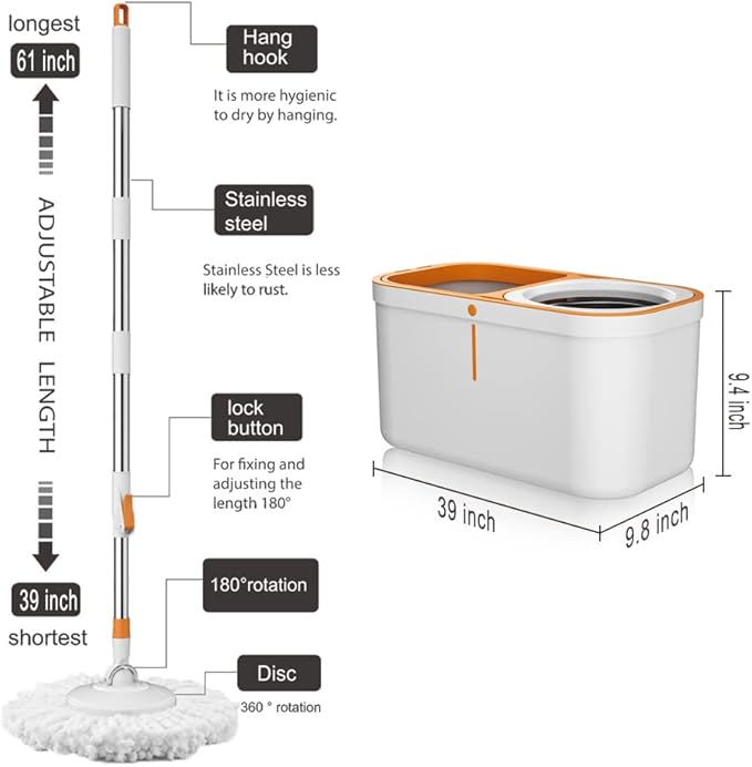 Floor Spin Mop and Bucket Set with Wringer System Extended Stainless Steel Handle 61for Home Floor Cleaning Use with 5 Replacement Head Refill and 1 Cleaning Brush Head