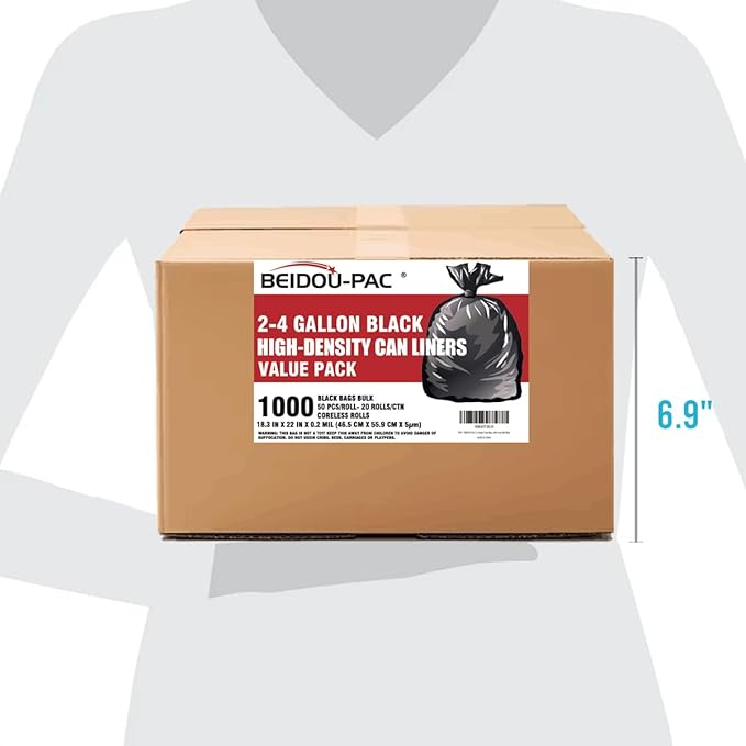 2-4 Gallon Trash Bags 1000 Count Bulk Value Pack Black Garbage bags Small Trash Can Bin Liners for Bathroom Office Industrial Commercial Janitorial Municipal Recycling