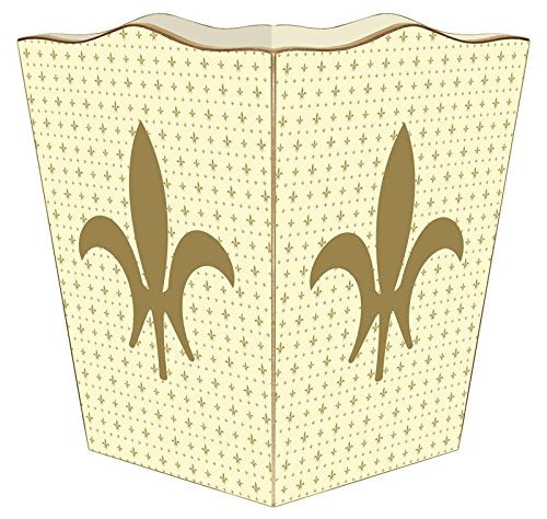 Marye-Kelley- Large Fleur de lis on Creme Wastepaper Basket Decoupage Wood Decorative Wastebasket for Kitchen Bathroom Bedroom Living Room Handmade Made in The USA