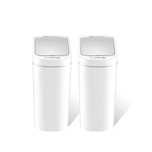 Automatic Motion Sensor Bathroom with Covered Trash Can One Smart Plastic Trash Cans Suitable for Bathrooms Offices Bedrooms Living Rooms (White-2 Pack)