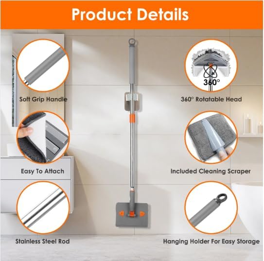 2 in 1 Baseboard Cleaner Mop with Squeegee Extendable Long Handle 8 Reusable Fiber Flannel Chenille Mop Pads 360° Rotatable Convex Design for Wall Ceiling Window