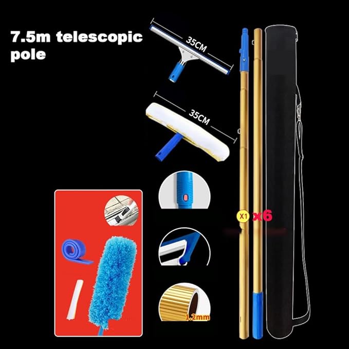 Telescopic Outdoor Window Glass Wiper One Pole Double Head with Rubber Scraper and Sponge Mop Titanium Alloy Long Handle Solar Panel CleaningPole Length 7.5m
