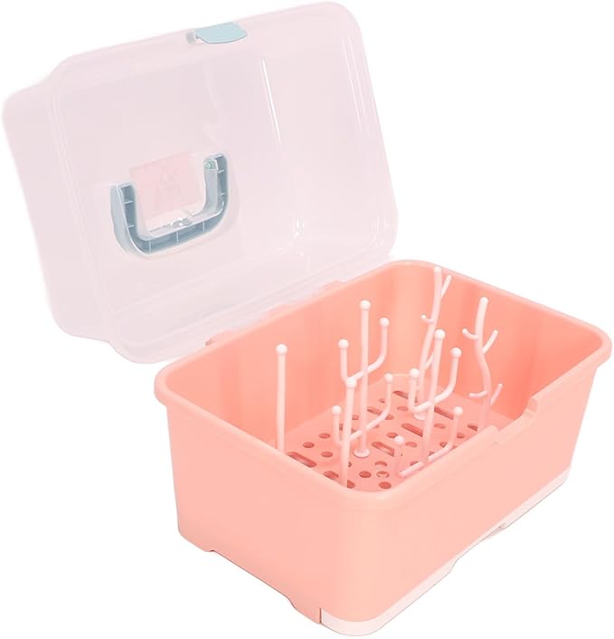 SUNGOOYUE Baby Bottle Drying Rack Portable PP Nursing Bottle Storage Box with Detachable Drain Feeding Bibs for Home Travel Bib (Implicit Pink) SUNGOOYUEpofvukabs8-12