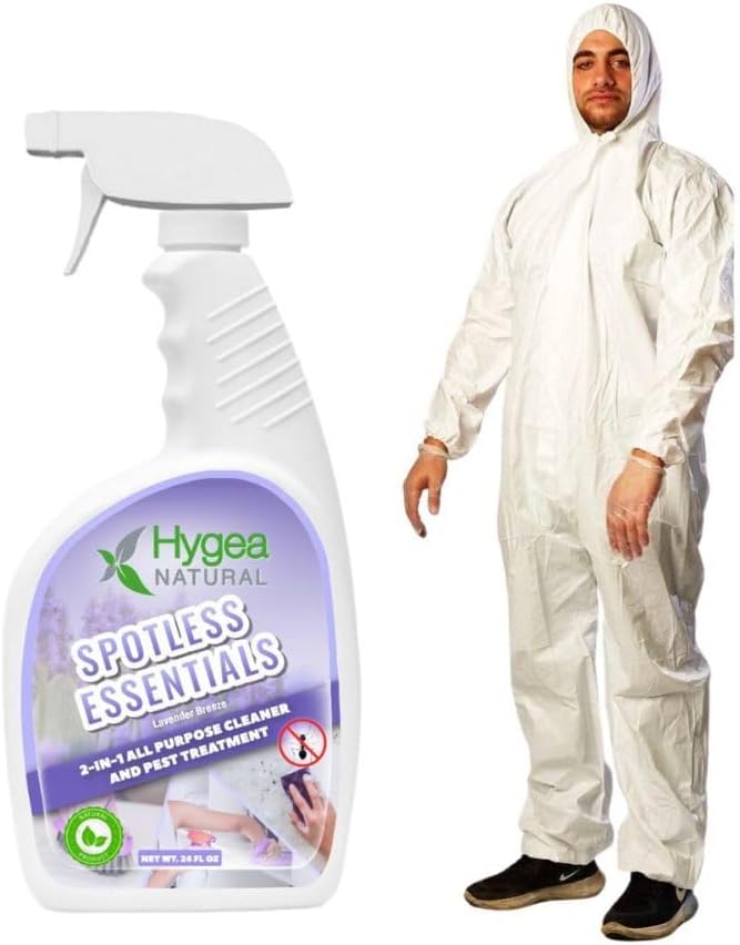 Hygea Natural Spotless Essentials 2-in-1 all purpose cleaner and Mite Spray (Lavender Breeze scent) 24oz + Disposable Coveralls to protect clothing (2X-Large) Bundle