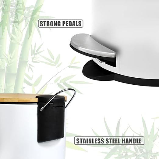 Mini Trash Can with Bamboo Lid Soft Close and Foot Pedal 0.8Gal/3L Tiny Round Trash Can with Removable Plastic Inner Wastebasket for Bathroom Bedroom Powder Room Office Desk Car White