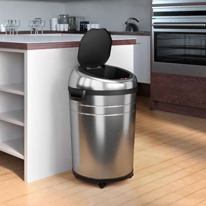 iTouchless 18 Gallon Commercial Size Touchless Sensor Trash Can with Odor Filter 68 Liter Automatic Garbage Bin Silver Round Stainless Steel Model Number: IT18RC-1