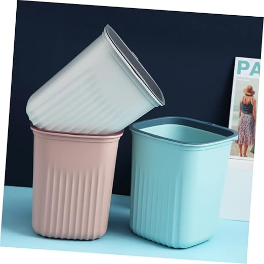 PRETYZOOM 3pcs Small Trash Can Set Simple Design Plastic Waste Basket for Kitchen Office and Home Easy to Use with Pressing Ring Blue Pink and White