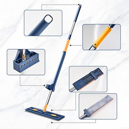 Adjustable 360° Rotating Large Flat Mop Effortless Cleaning on Tile Hardwood and Windows - Ergonomic Design All Surfaces(Blue Folding Bucket)