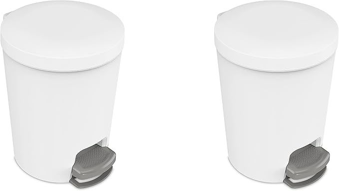 Sterilite 1.6 Gallon StepOn Wastebasket w/Lid Small Plastic Trash Can for the Bathroom Bedroom or Dorm Pedal and Liner White 2-Pack