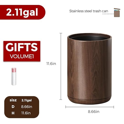 8L/2.1GAL Dark Brown Modern Metal Waste Bin with Realistic Wood TextureBuilt-in Bag HolderOffice Trash CanOpen-Top Trash Binfor BathroomHomeOfficeLiving Room (2.1gal Round)
