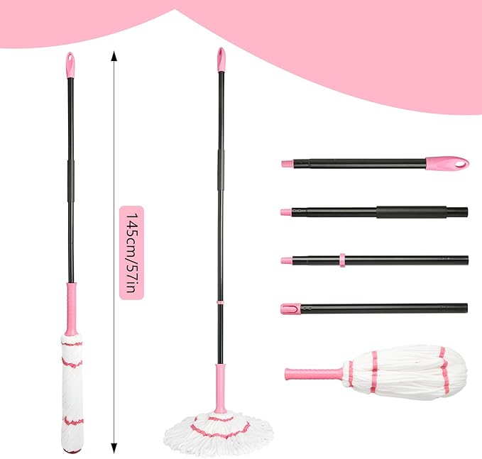 XXXFLOWER Broom and Dustpan Set with Cleaning Teeth+Self-Wringing Twist Mop for Floor Cleaning 57” Long Handle Heavy Duty Microfiber Mop for Wet Mopping on Tile Hardwood Kitchen Bathroom