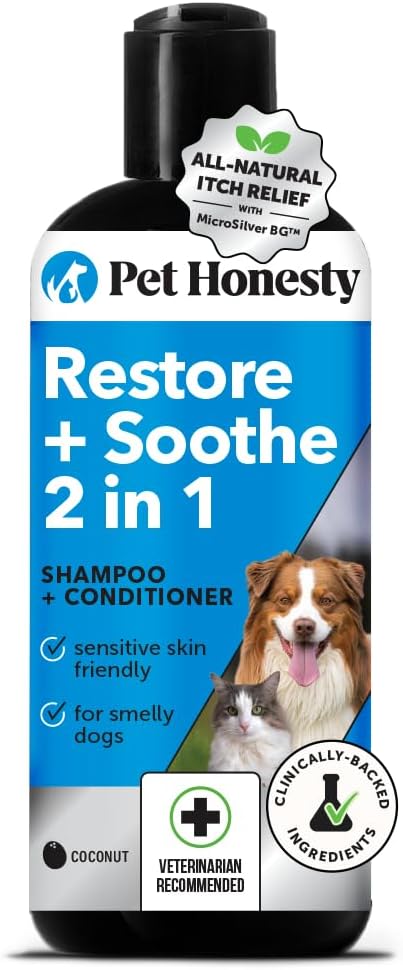 Pet Honesty Restore + Soothe 2 in 1 Shampoo + Conditioner for Sensitive Skin for Dogs &amp Cats - Dog Skin and Coat Supplement - Soothes Itching Irritation and Hot Spots (Coconut) - 16oz