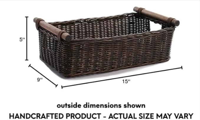 The Basket Lady Low Pole Handle Wicker Storage Basket Small 15 in L x 9 in W x 5 in H Antique Walnut Brown