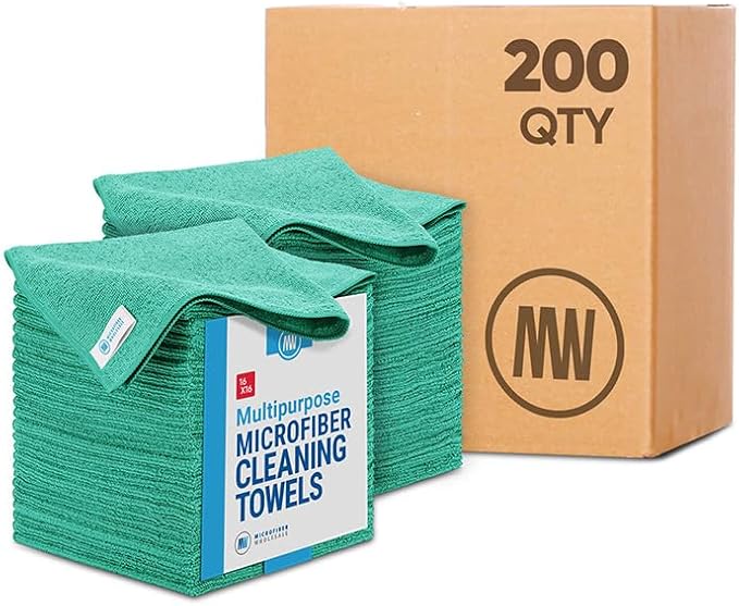 Bulk 16 x 16 All Purpose Microfiber Towels Wholesale - Case Quantity (200 Count) | Large | No Fraying | High Density Microfiber | Zero Chemical Cleaner | Long-Lasting (Green)