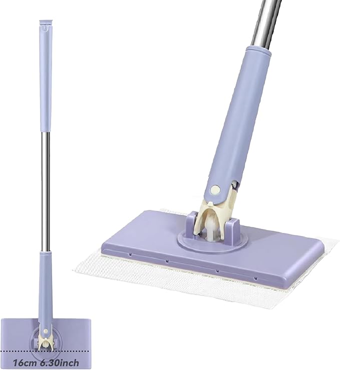 Zero Touch Mini Mop Automatic Cloth Changing Mini Mop Snap Grip MiniMop Convenient Cloth Changing MiniMop with 5 Reusable Cloths Portable Push-Pull Handle for Bathroom Kitchen (Purple)