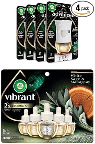 Bundle of Air Wick Advanced Plug In Scented Oil Warmer Advanced Gadget(Pack of 4 Gadget Only Refills Sold Separately) + Air Wick Plug in Scented Oil Refill 5ct White Sage &amp Mahogany