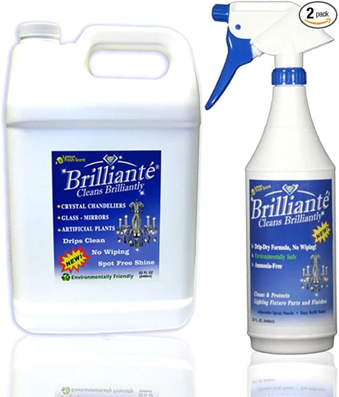 BRILLIANTÉ Crystal Chandelier Cleaner Manual Sprayer 32oz Spray Bottle &amp Gallon Refill Environmentally Safe Ammonia-Free Drip-Dry Formula Made in USA