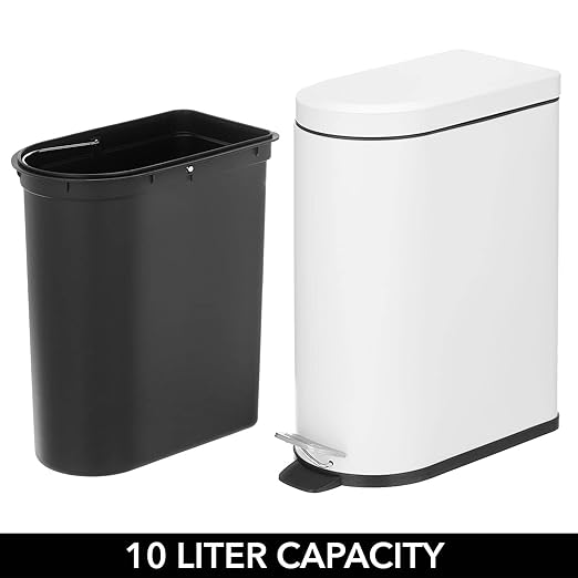 mDesign 10 Liter/2.6 Gallon Stainless Steel Metal Step Trash Can Garbage Bin for Bathroom Bedroom Home Office - D-Shape Trashcan with Foot Pedal/Lid Removable Liner Bucket with Handles White