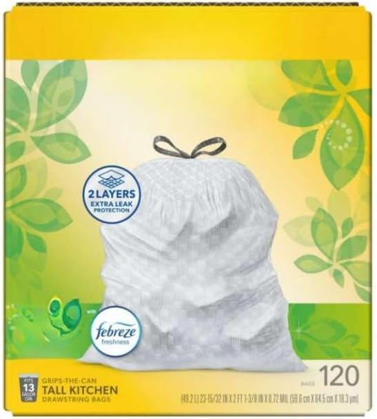 13 Gallon Tall Kitchen Trash Bags with Odor Control Heavy Duty Leak Protection Stretchable Drawstring Bags Fresh Scent Technology 2-Layer Design for Sharp Objects 80 Count