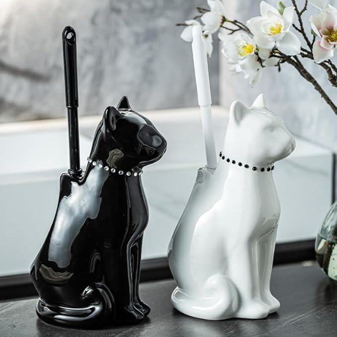 Comeon Ceramic Cat White/Black Toilet Brush and Holder Set Plastic Handled Scrub Brush for Bathroom Cleaning10.63*6.3 (White)
