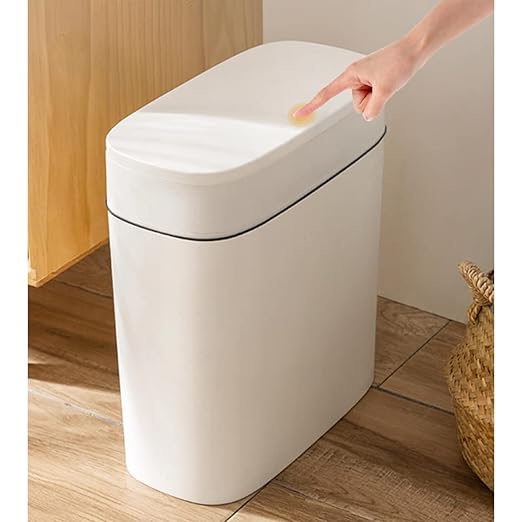 14 Litre Trash Can with Press Top Lid 3.7 Gallons Plastic Garbage Bin Slim Wastebasket for Bathroom Kitchen Toilet Office Room Bedroom White lid Without Brush