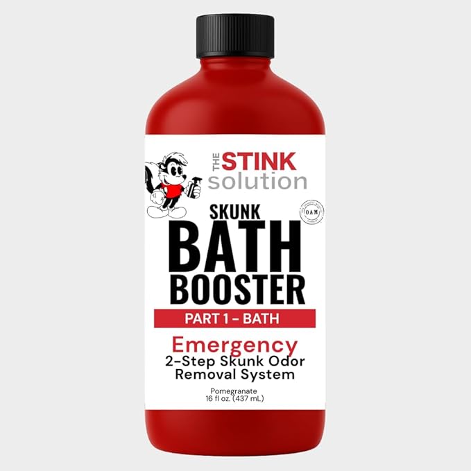 The Stink Solution Skunk Odor Eliminator for Dogs Natural Skunk Smell Remover Kit 16 oz Bath Booster &amp 16 oz Pomegranate Spray Pet Safe Skunk Odor Remover Skunk Deodorizer &amp Skunk Spray Neutr