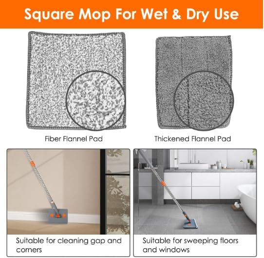 2 in 1 Baseboard Cleaner Mop with Squeegee Extendable Long Handle 8 Reusable Fiber Flannel Chenille Mop Pads 360° Rotatable Convex Design for Wall Ceiling Window