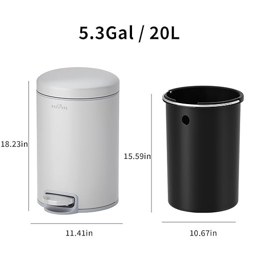 mVm Kitchen Garbage Can5.3 Gallon/20 Lliter Round Stainless Steel Trash CanStep Small Trash Can with Lid and Foot PedalSoft-CloseAnti-Fingerprint.for BathroomBedroomOfficeLiving Room(Gray)