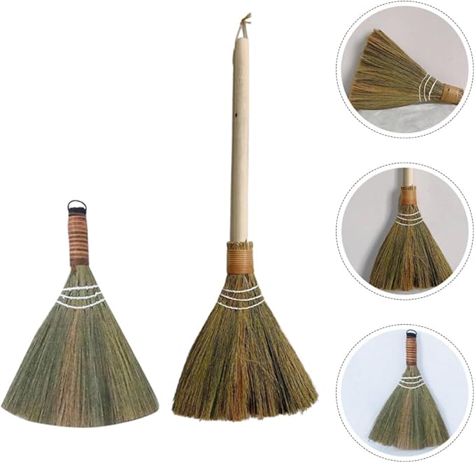 VOSAREA 2pcs Hand Woven Kitchen Broom Portable Dust Sweeper Handle for Indoor and Outdoor Cleaning Includes for Versatile Use