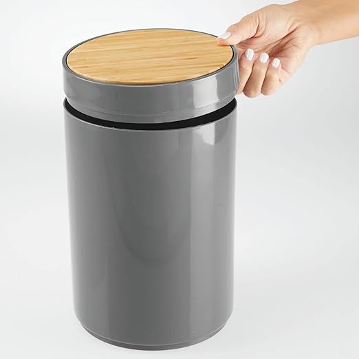 mDesign Plastic Round Trash Can Small Wastebasket - Garbage Bin Container with Swing-Close Lid - Bathroom Garbage Basket - Holds Waste Recycling - 1.3 Gallon - Basa Collection - Charcoal Gray/Natural
