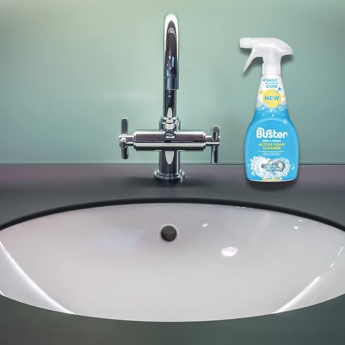 BUSTER Active Foam Sink &amp Drain Cleaner 500ml x 2 - Sink Cleaner to Remove Limescale &amp Stains - Daily Plughole Foam Cleaner &amp Odour Eliminator – Foam Cleaner for Sinks Showers Drains and