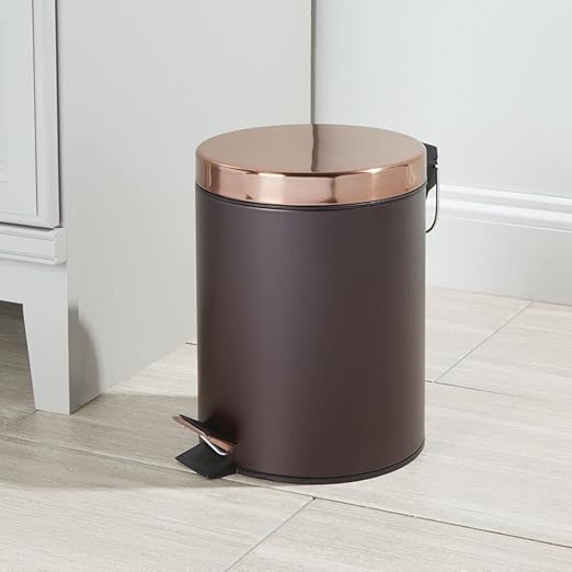 mDesign Pedal Bin - Metal Waste Bin with Pedal Lid and Plastic Bucket Insert - Perfect for Bathroom Kitchen and Office - Ergonomic Design - Bronze/Rose Gold