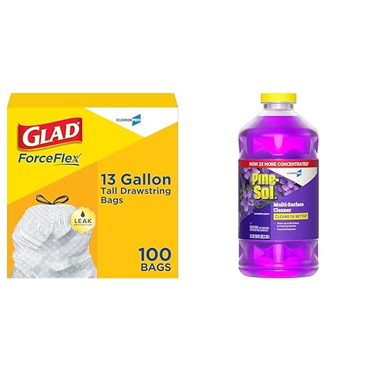 CloroxPro Glad ForceFlex 13 Gallon Tall Kitchen Drawstring Trash Bags 100 Count + Pine-Sol Multi-Surface Cleaner Lavender Clean 80 Fl Oz