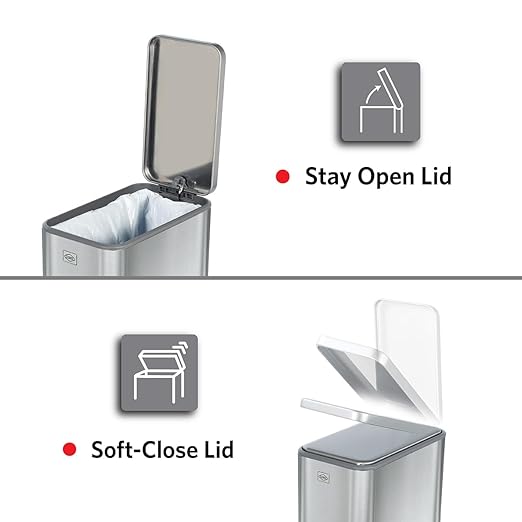 Clorox Slim Trash Can - 2.6 Gallon (10 Liter) Small Metal Trash Can with Soft Close Lid Step Pedal Removable Bucket - Stainless Steel Waste Bin for Narrow Spaces Bathroom and Office